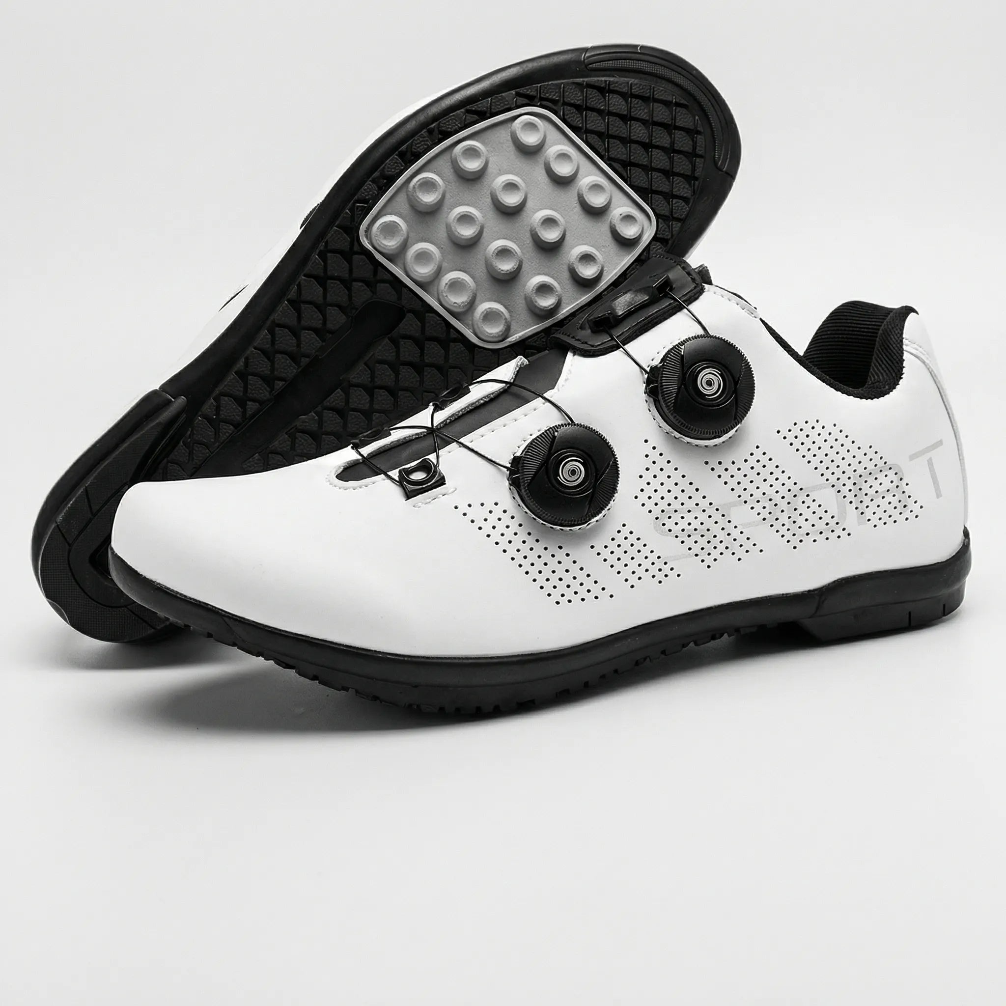 Flat pedal cycling shoe with dual dial closure and breathable upper