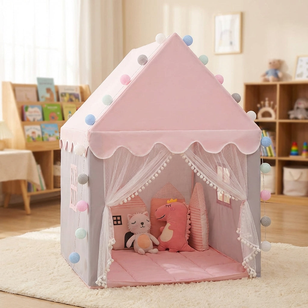 Collapsible play tent with castle design and scalloped canopy for kids
