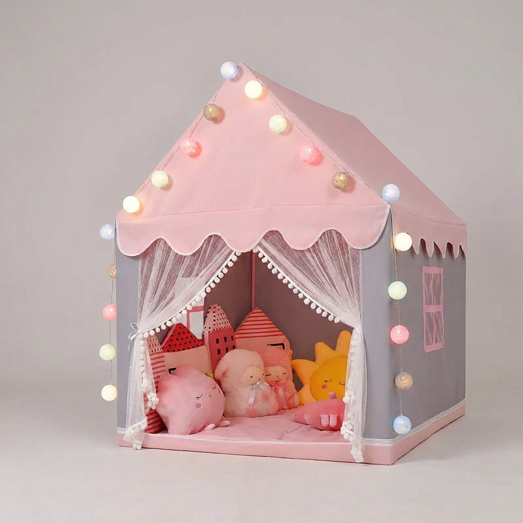 Collapsible play tent with castle design and scalloped canopy for kids