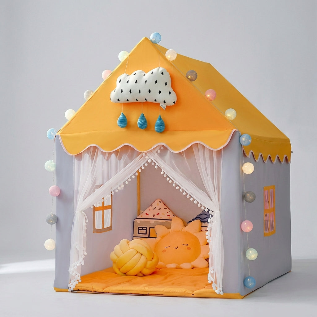 Collapsible play tent with castle design and scalloped canopy for kids