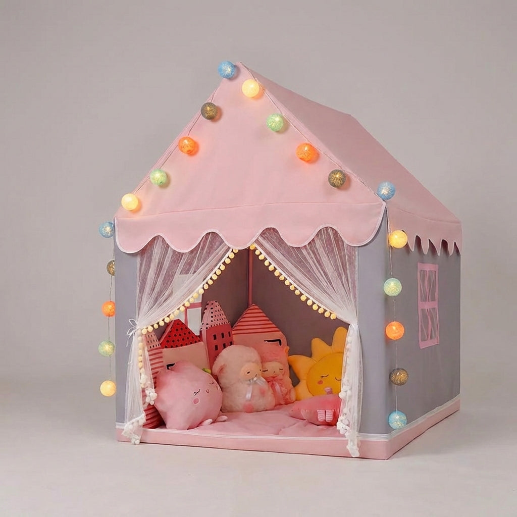 Collapsible play tent with castle design and scalloped canopy for kids