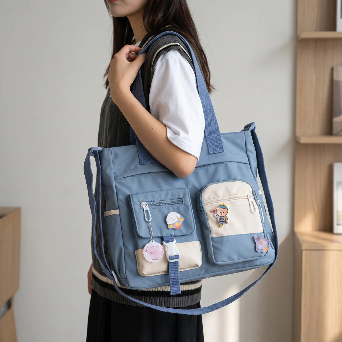 Shoulder bag multi-pocket water-repellent with adjustable strap