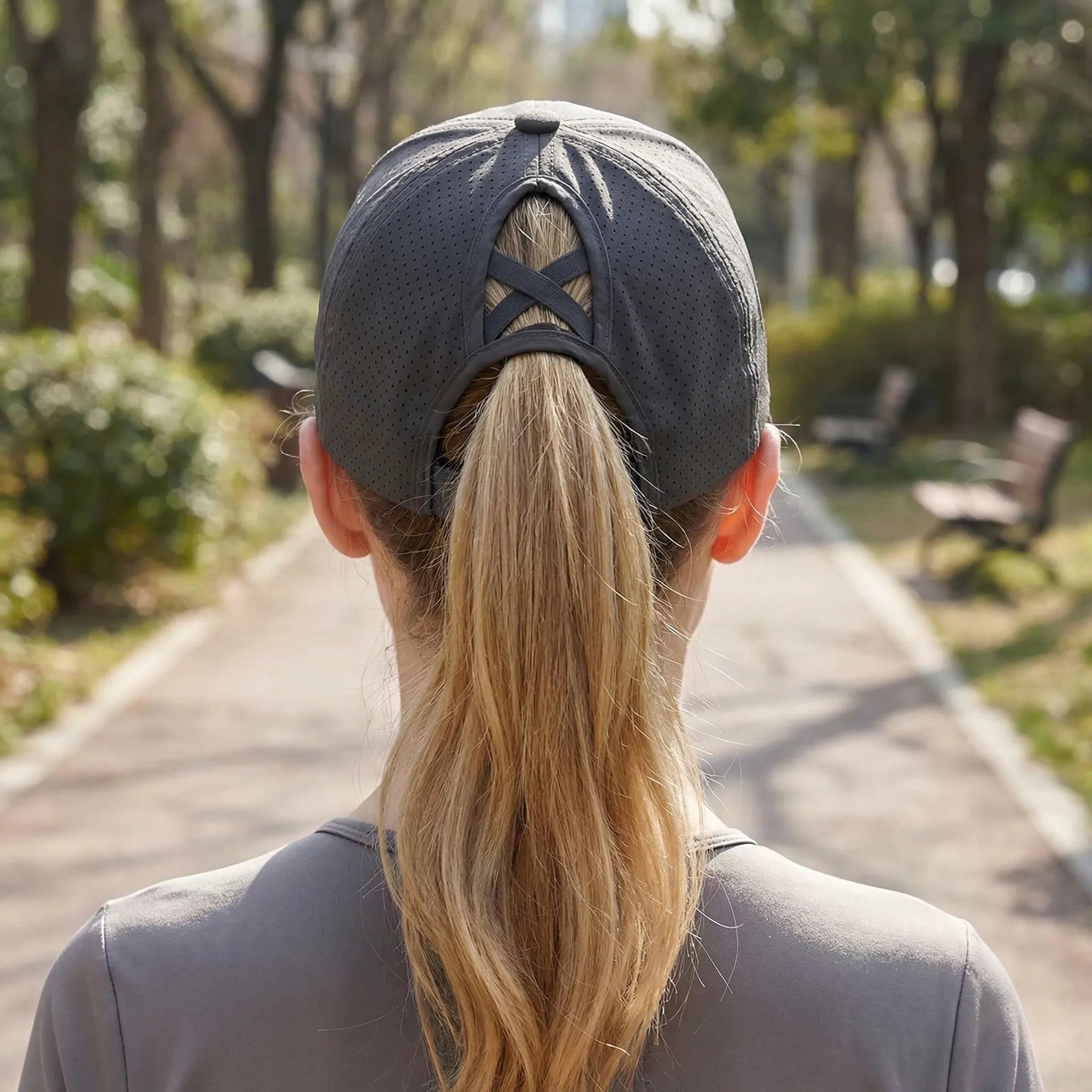 Ponytail baseball cap with crossback opening and structured duckbill brim