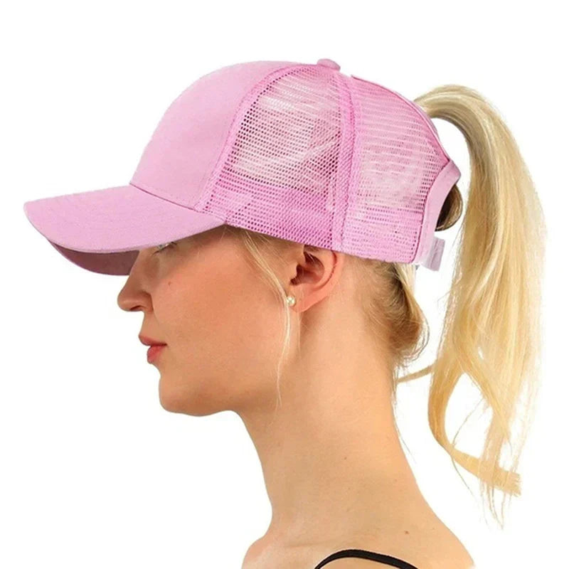Women's ponytail baseball cap with breathable mesh back panel