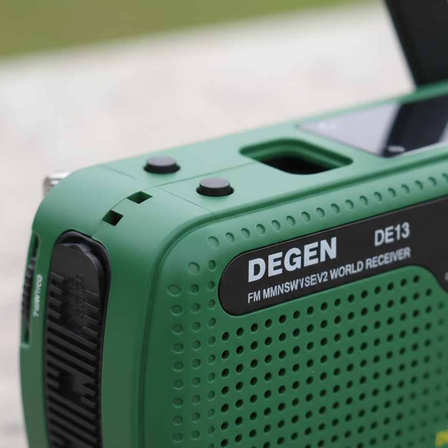 Hand crank emergency radio with built-in flashlight and USB charger