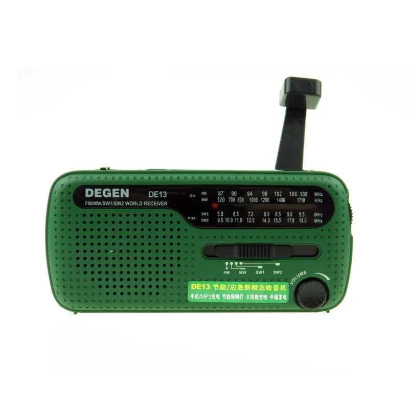 Hand crank emergency radio with built-in flashlight and USB charger