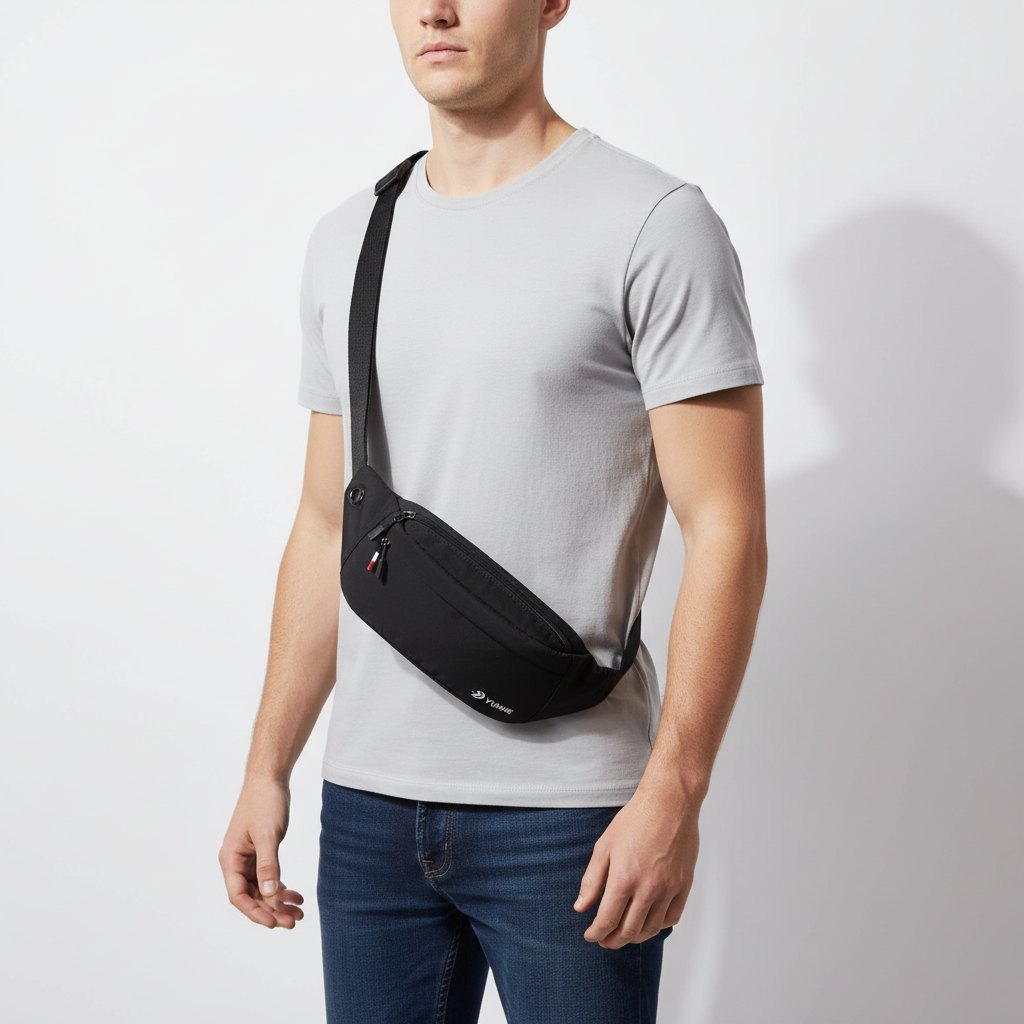 Waterproof nylon waist pack with adjustable strap and compartments