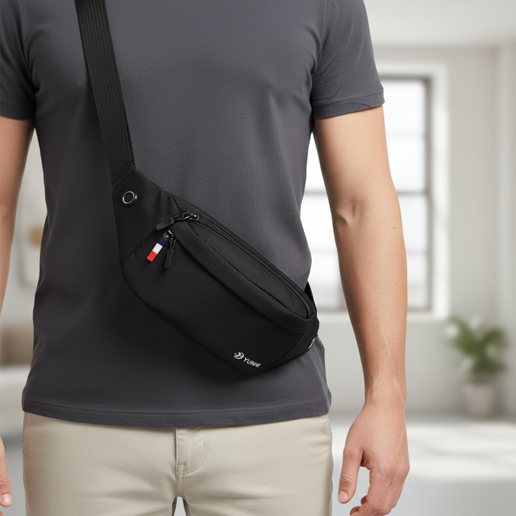 Waterproof nylon waist pack with adjustable strap and compartments