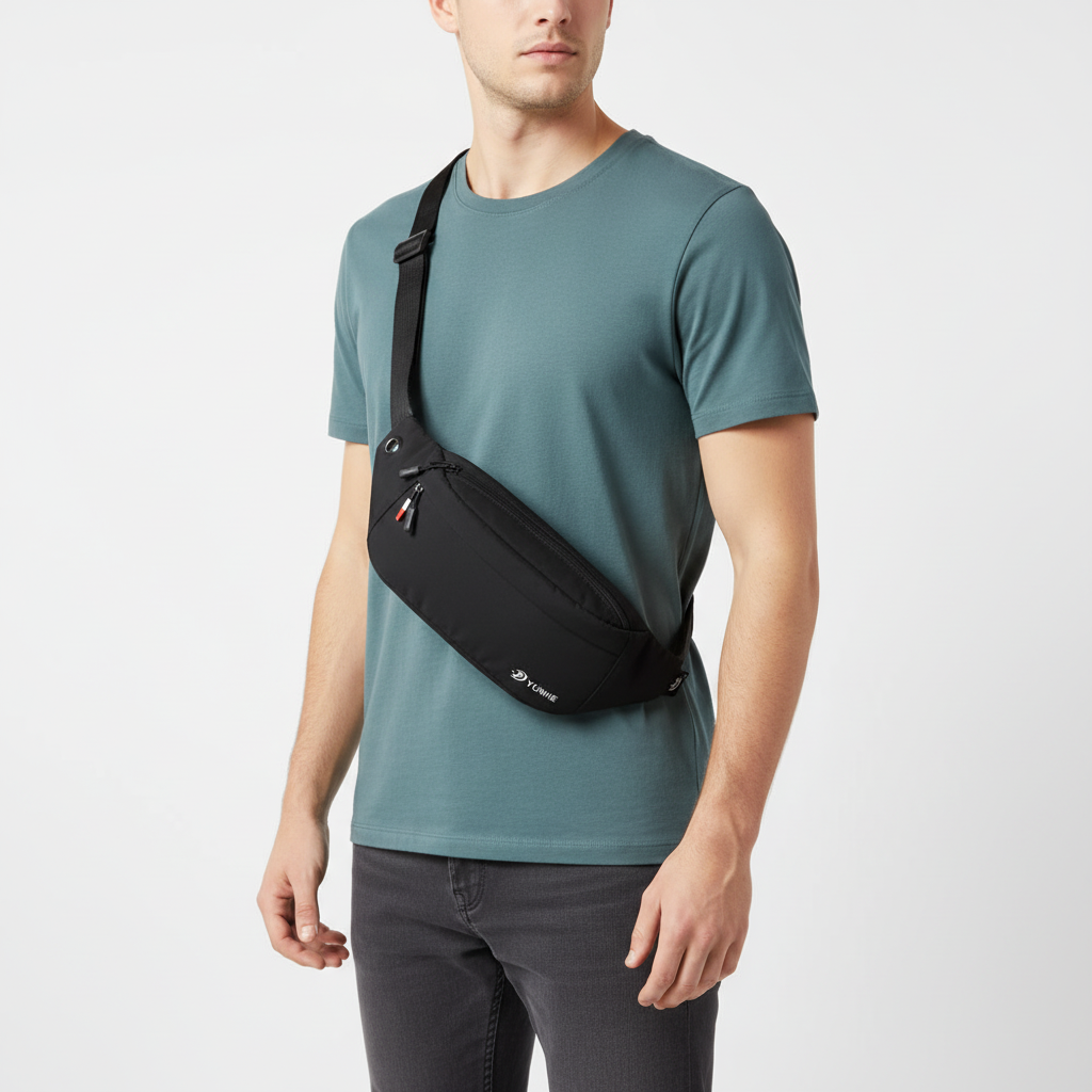 Waterproof nylon waist pack with adjustable strap and compartments