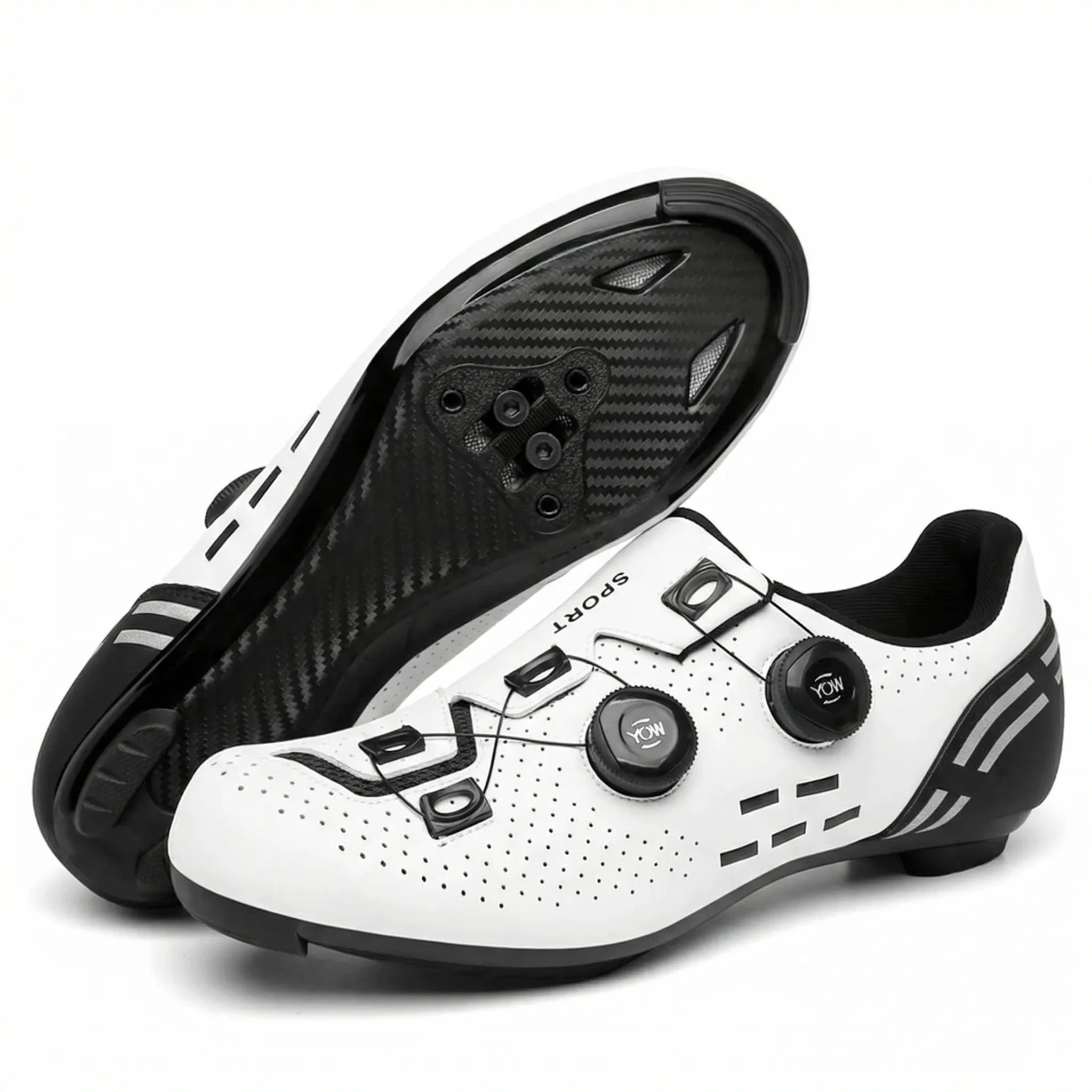 Road cycling shoe with dual rotary dial closure and Shimano cleat mount