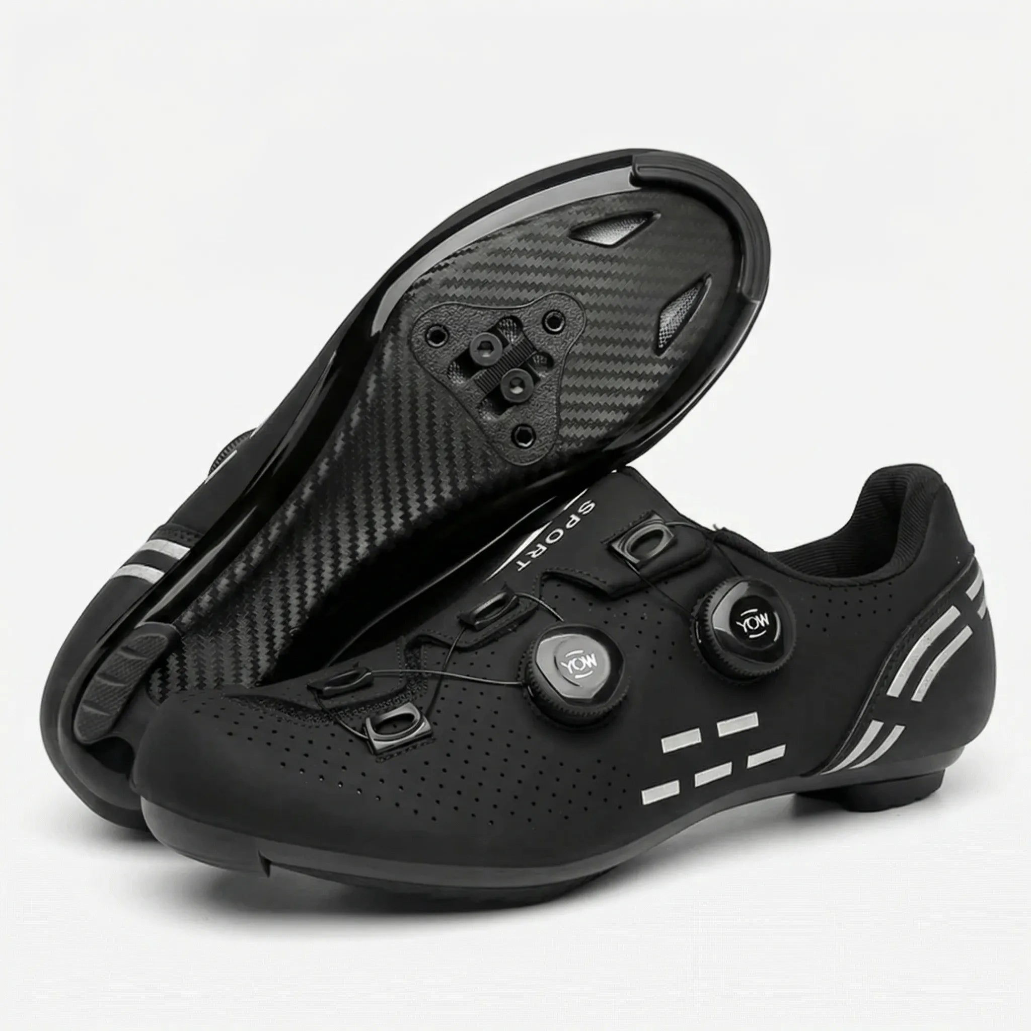 Road cycling shoe with dual rotary dial closure and Shimano cleat mount