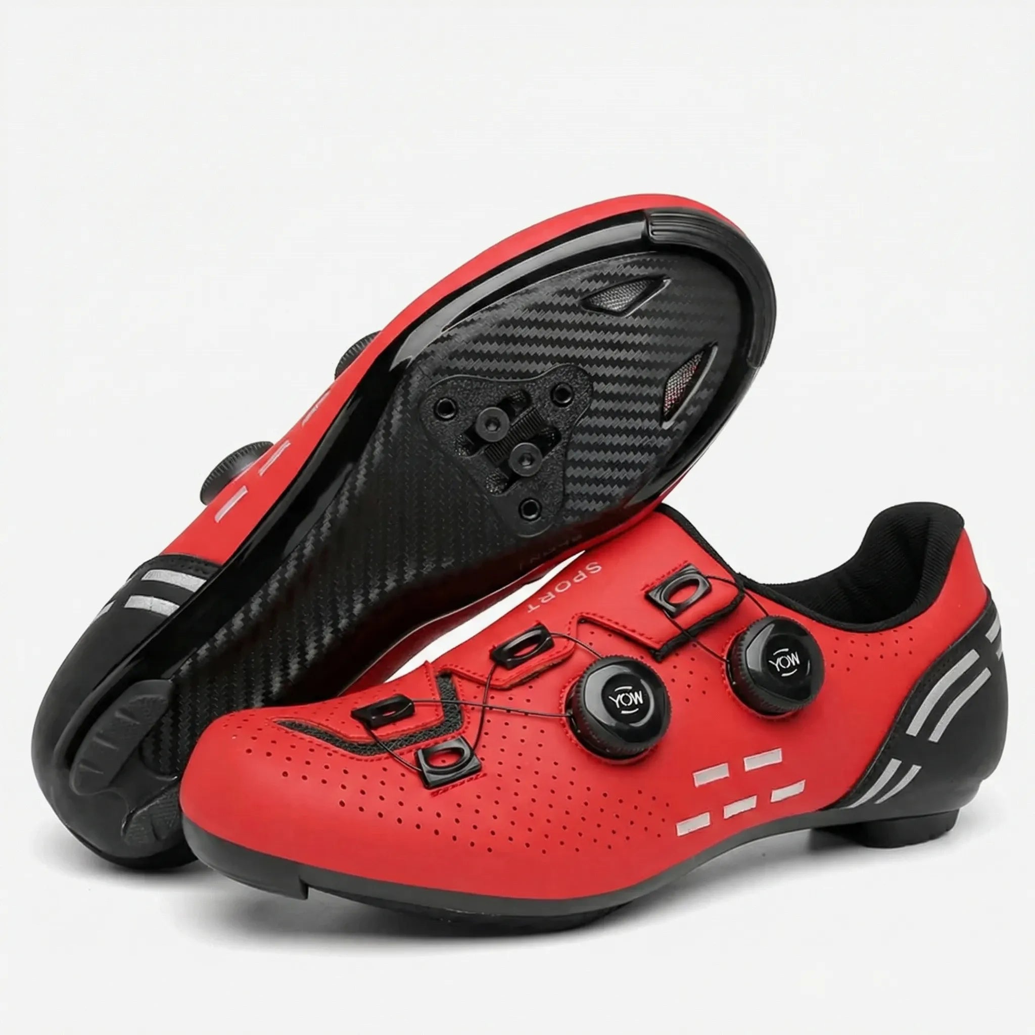 Road cycling shoe with dual rotary dial closure and Shimano cleat mount