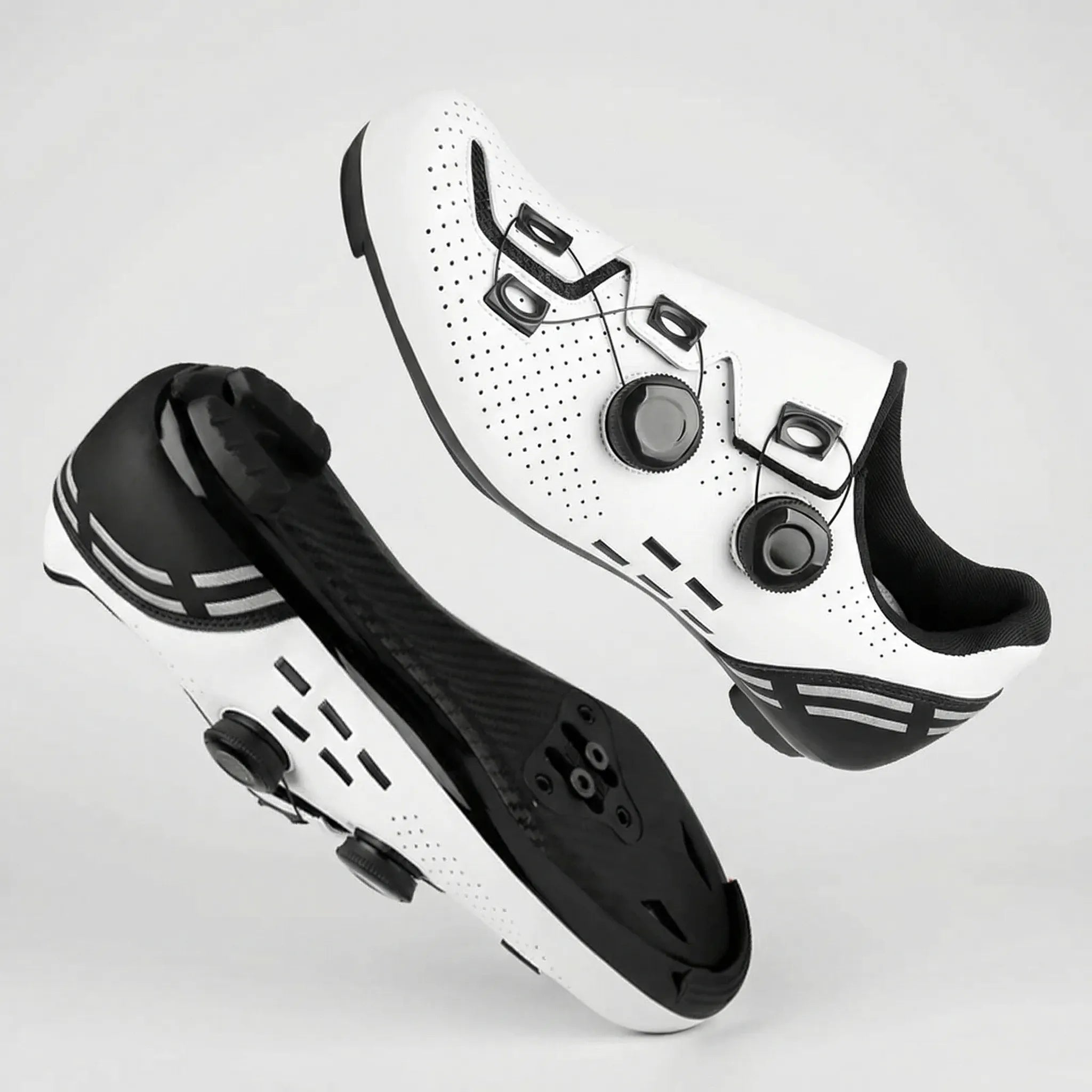 Road cycling shoe with dual rotary dial closure and Shimano cleat mount