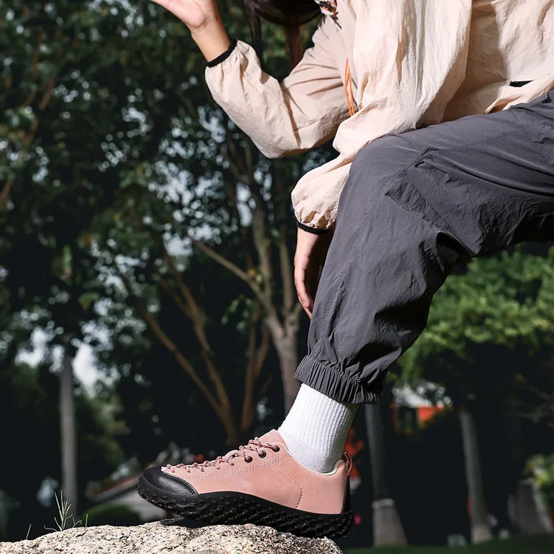Wide-fit hiking shoes with deep-textured non-slip sole