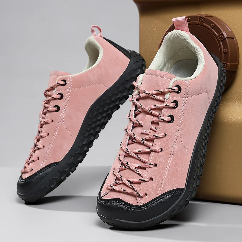 Wide-fit hiking shoes with deep-textured non-slip sole