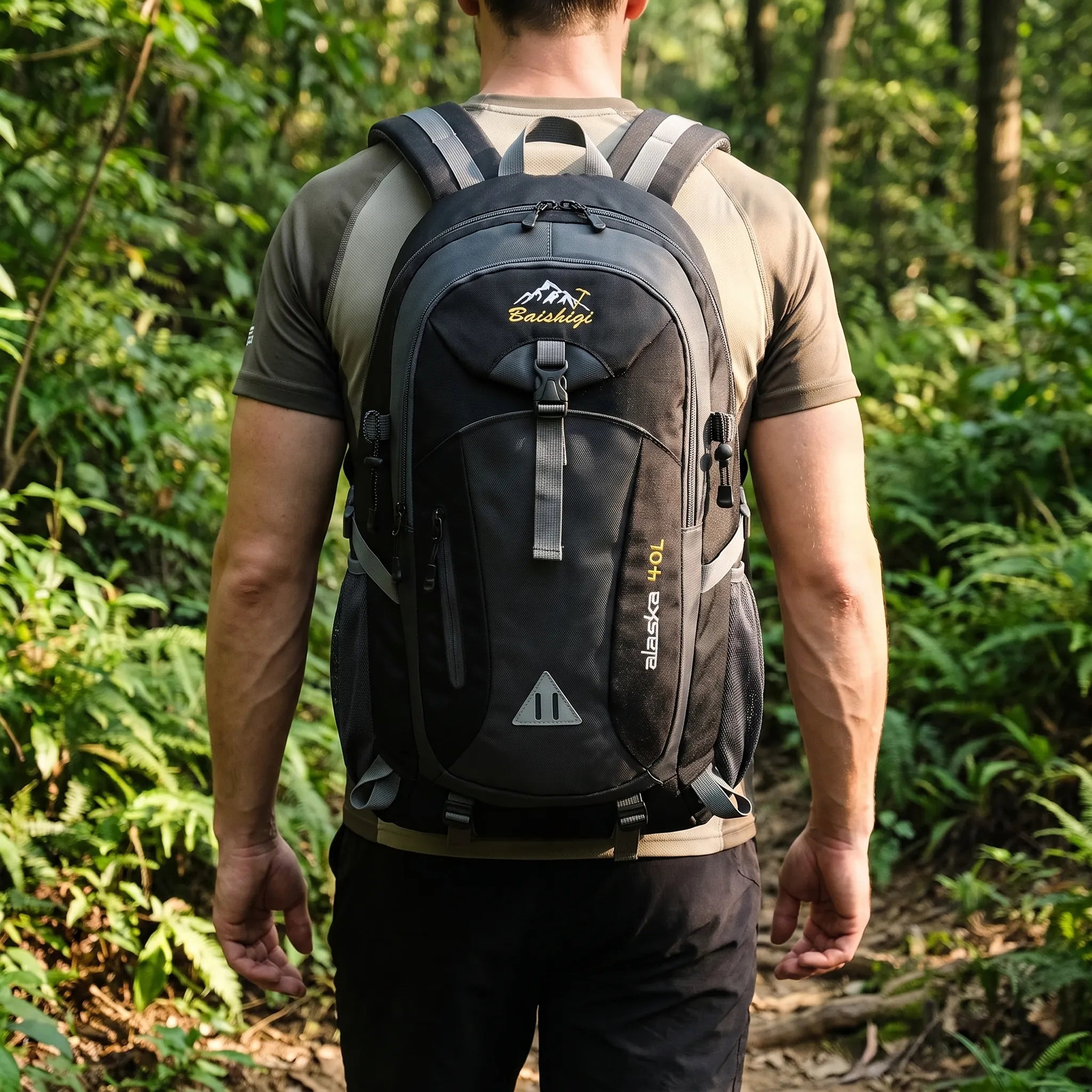 Multi-compartment hiking backpack with water-repellent nylon exterior