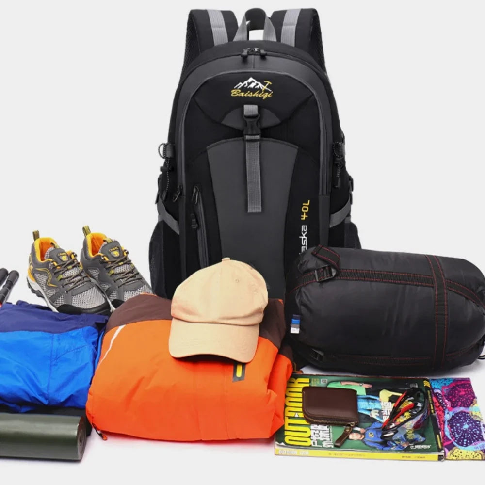 Multi-compartment hiking backpack with water-repellent nylon exterior