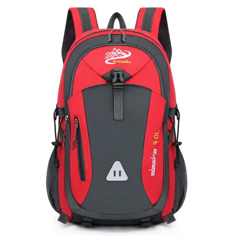 Multi-compartment hiking backpack with water-repellent nylon exterior