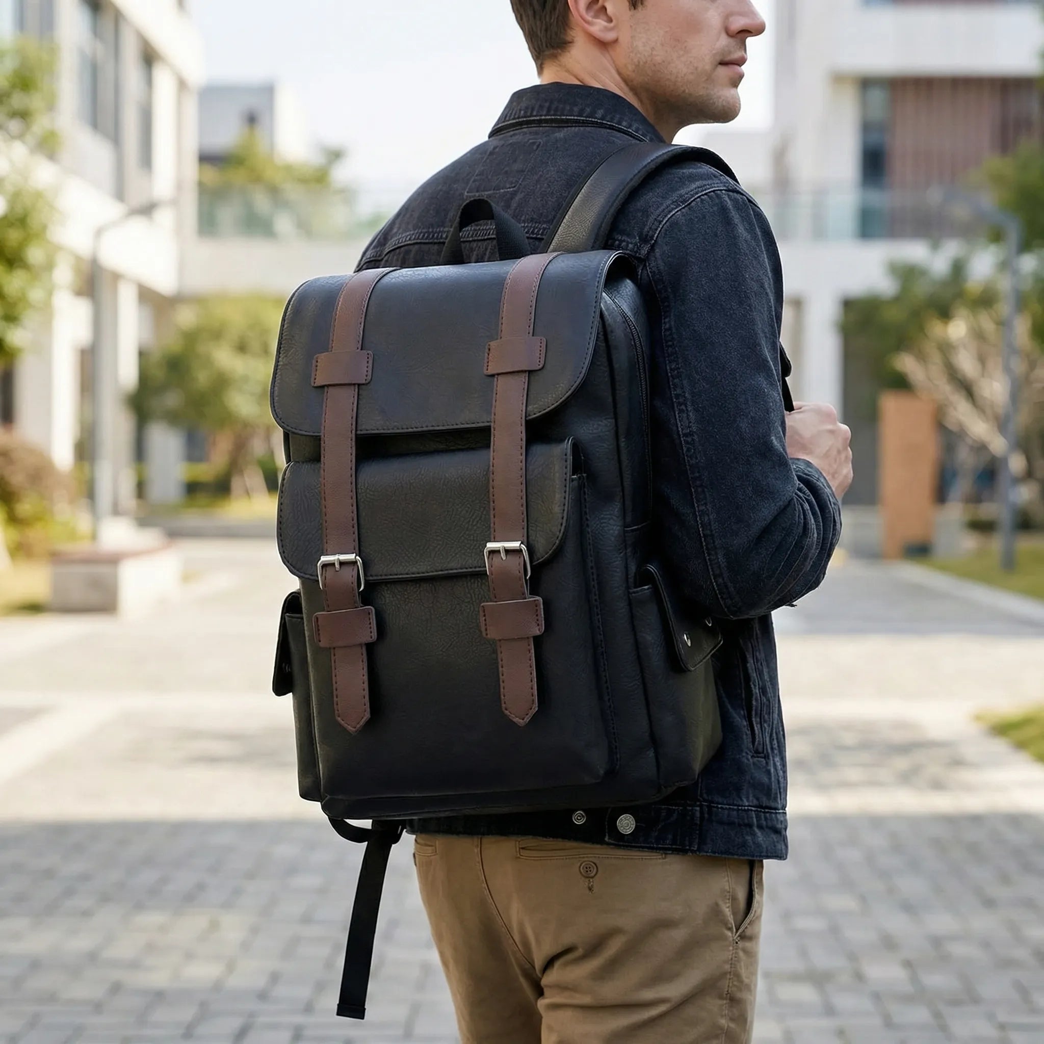 Large men's laptop backpack with vintage buckle closure and padded straps