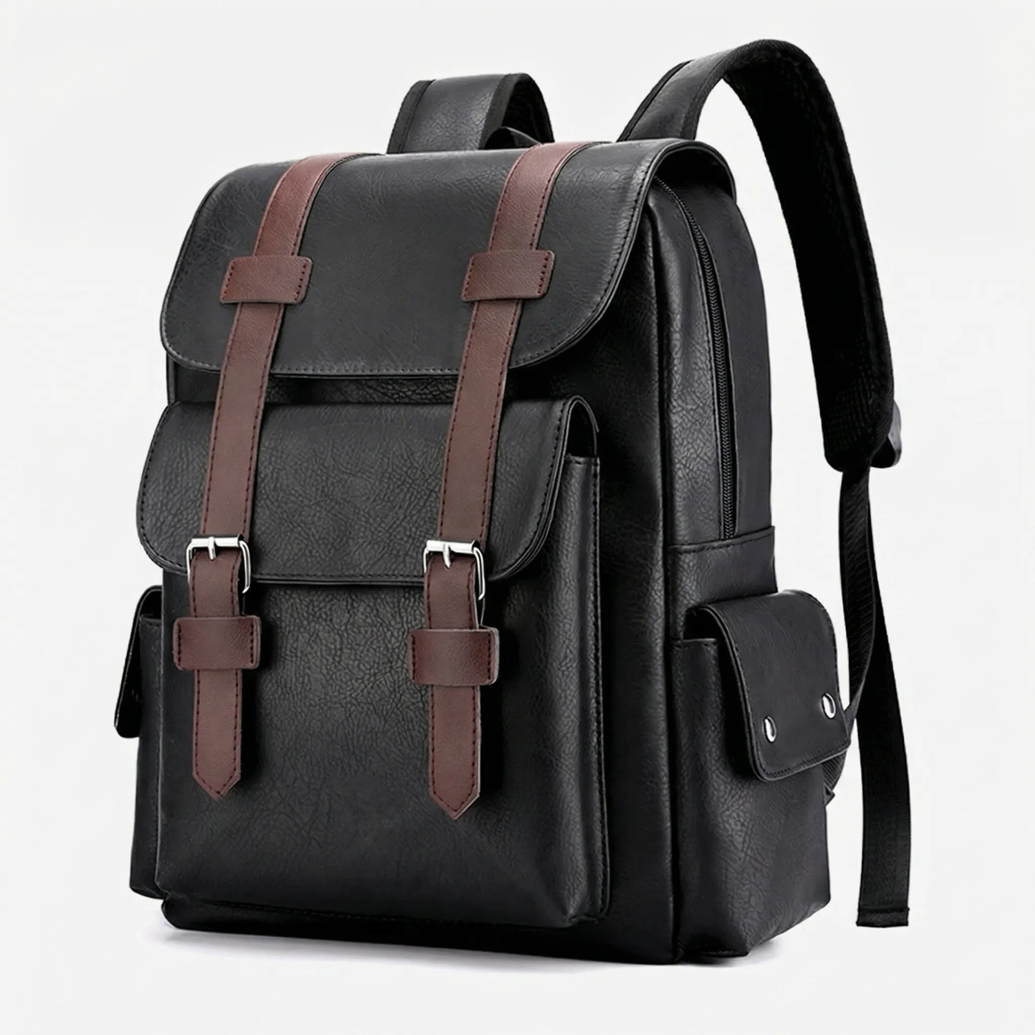 Large men's laptop backpack with vintage buckle closure and padded straps