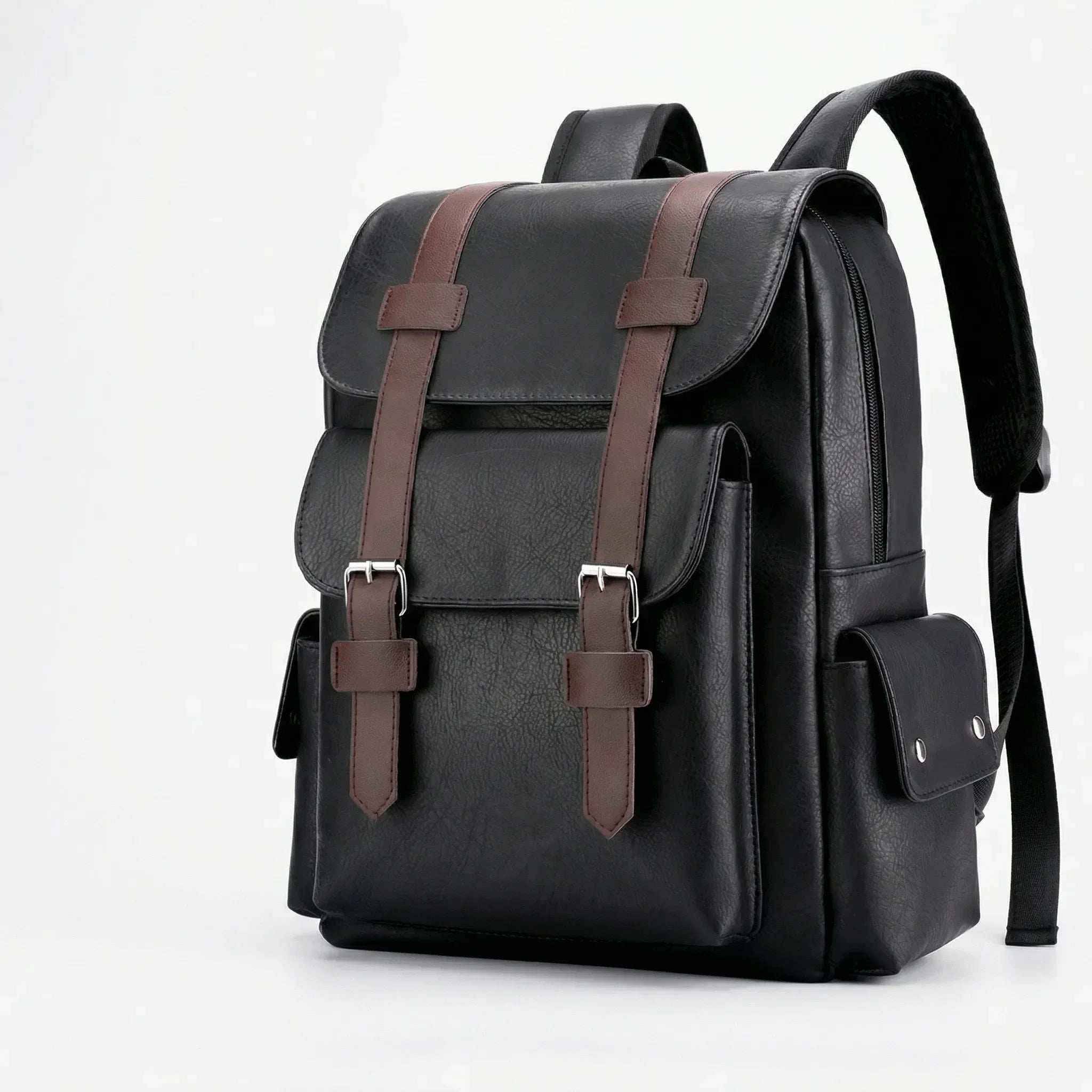 Large men's laptop backpack with vintage buckle closure and padded straps