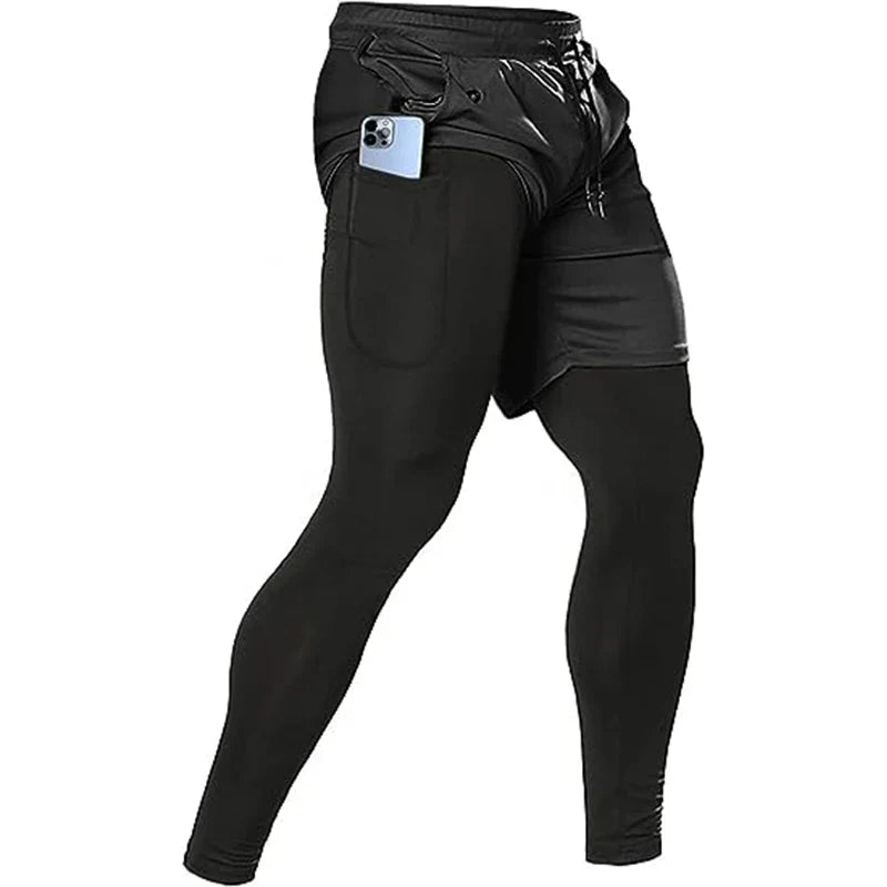 Men's two-in-one training pants with compression leggings and outer shorts