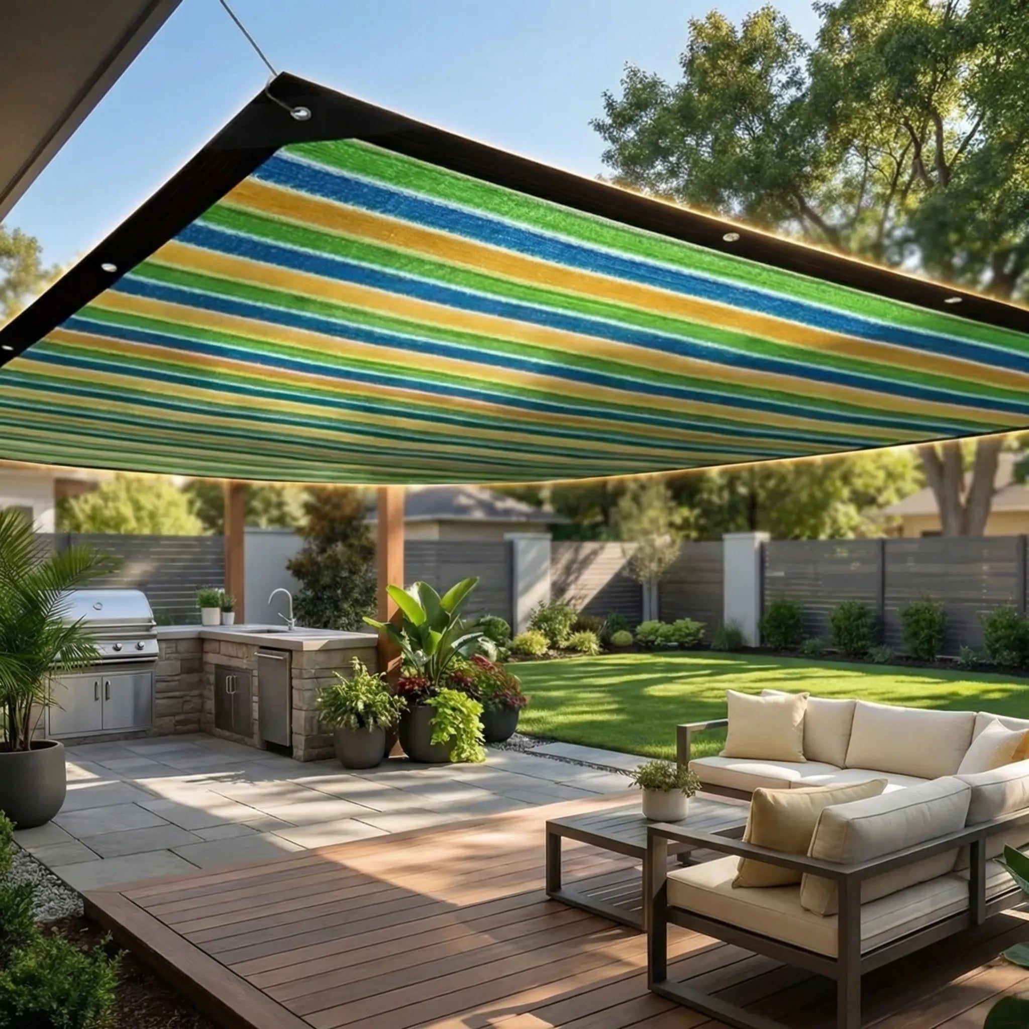 Striped outdoor shade canopy with reinforced eyelets for sun protection
