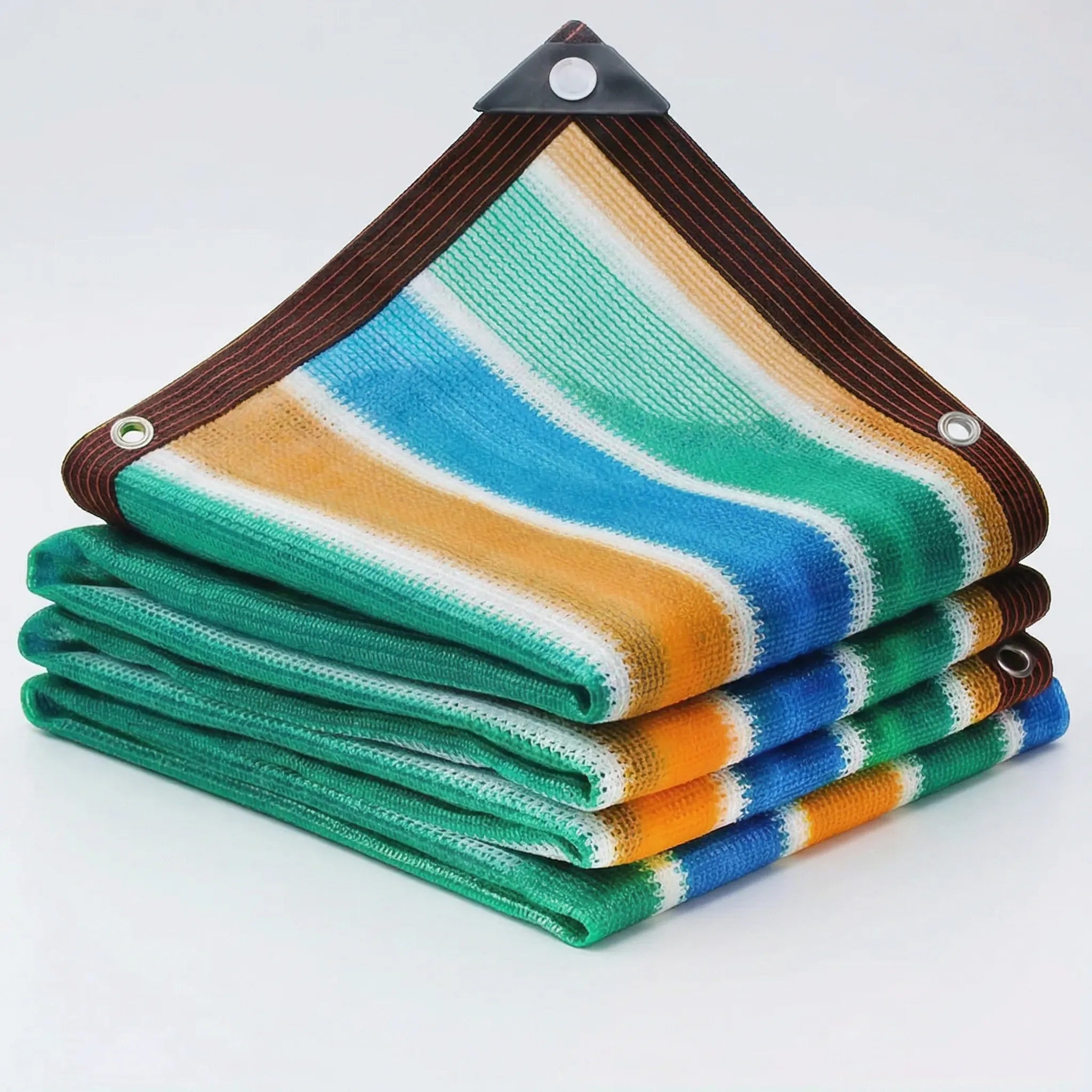 Striped outdoor shade canopy with reinforced eyelets for sun protection