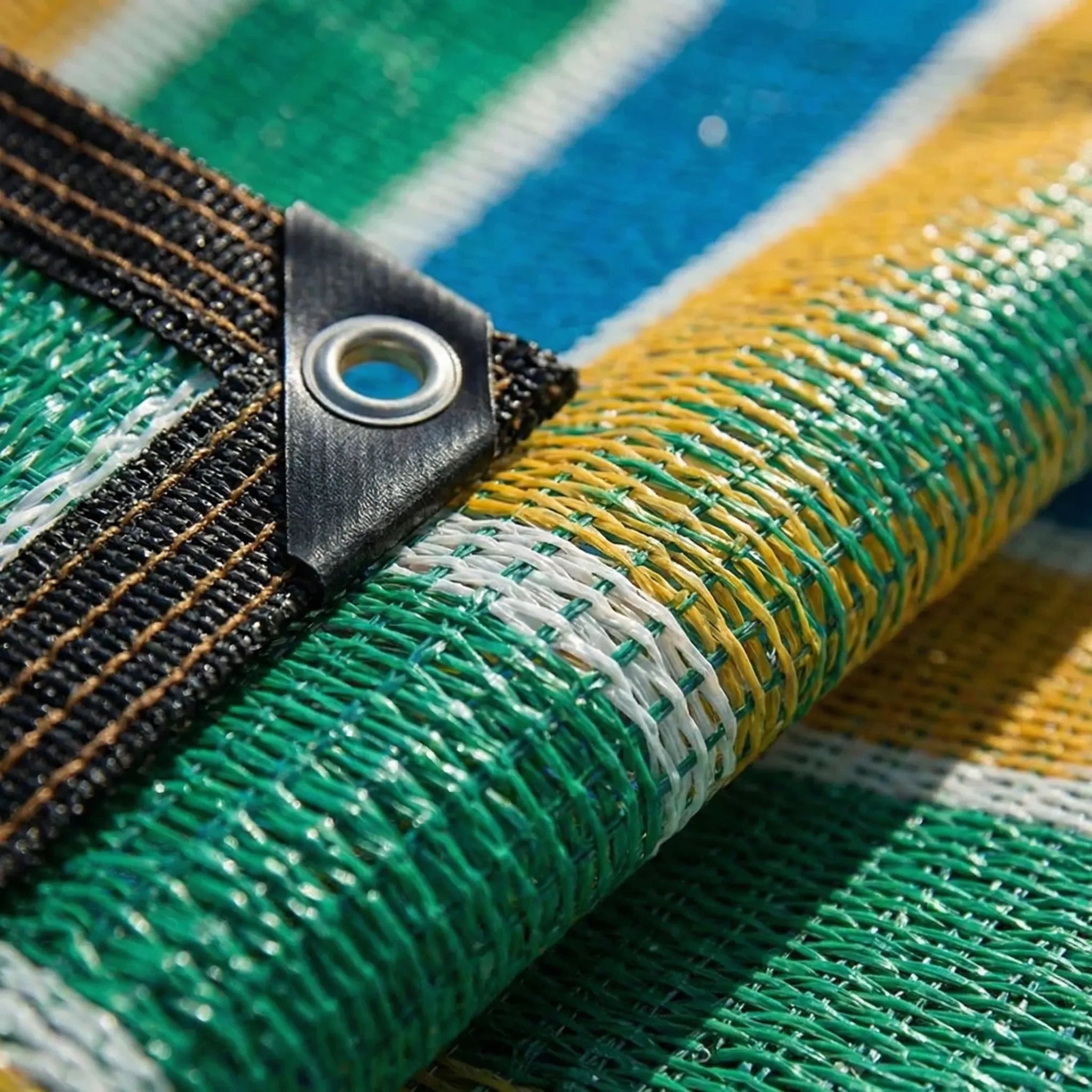 Striped outdoor shade canopy with reinforced eyelets for sun protection