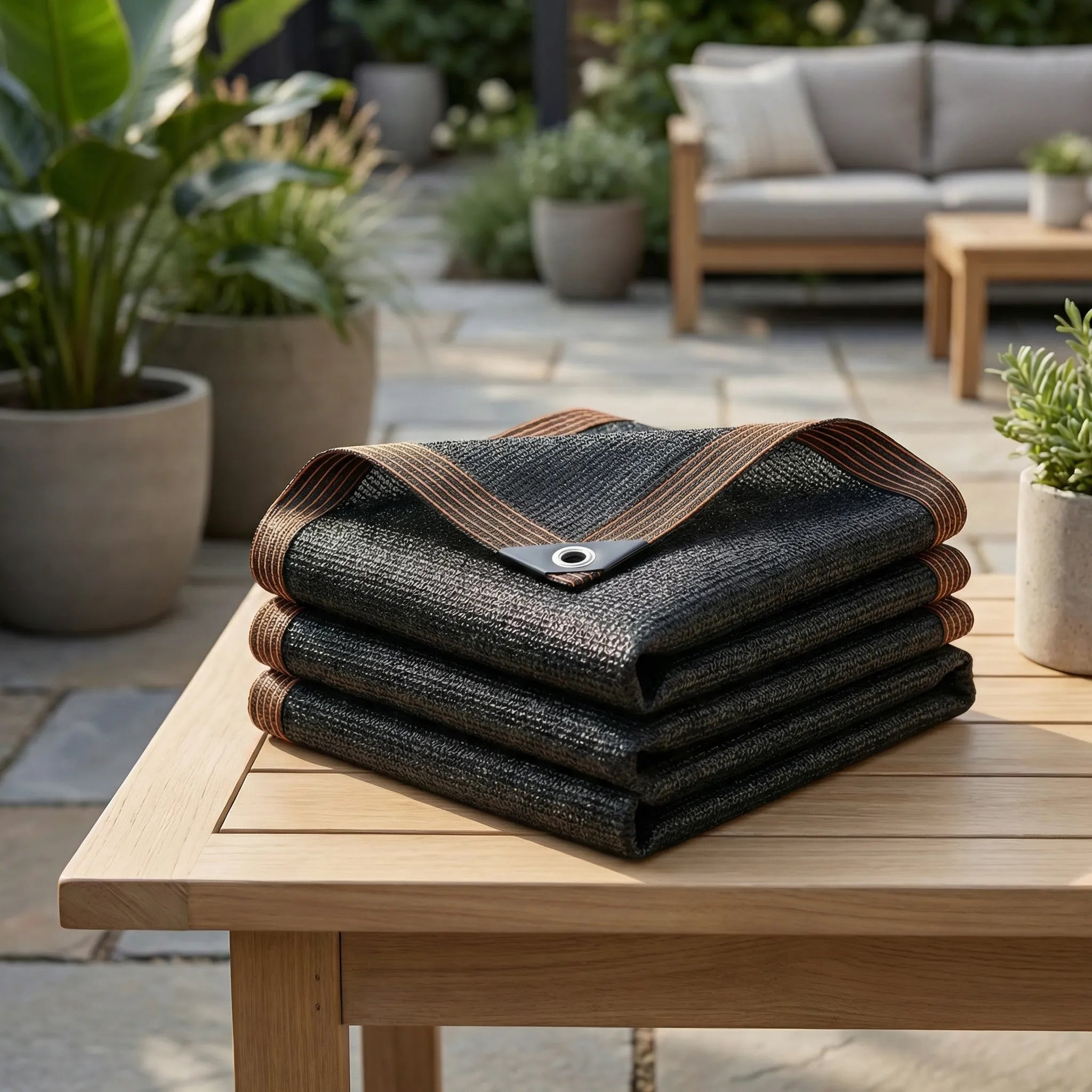 Heavy duty shade cloth with reinforced edges and grommets for outdoor patio
