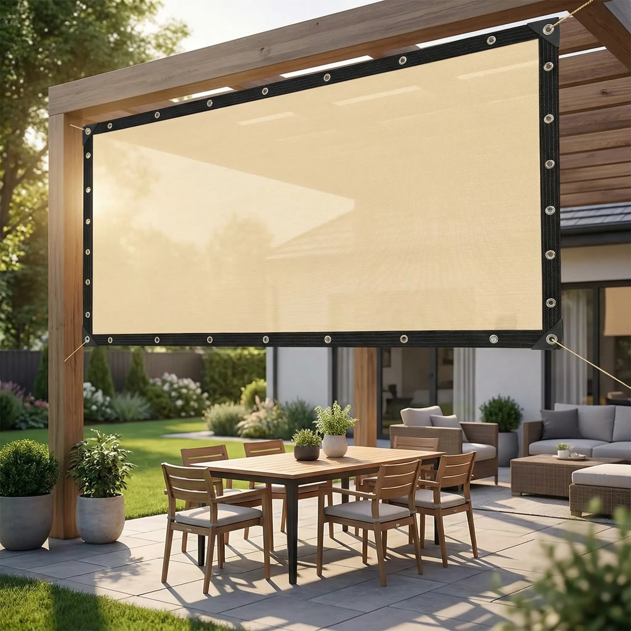 Rectangular sun shade awning with reinforced eyelets for garden pool and balcony