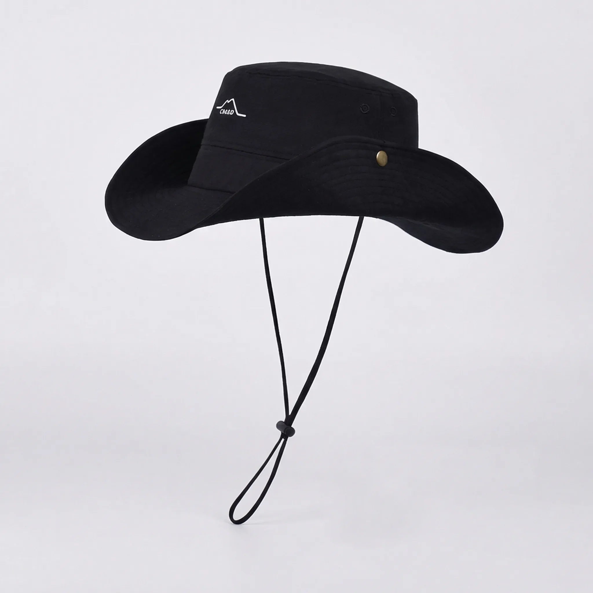 Wide-brim outdoor hat with waterproof quick-drying construction and adjustable chin cord