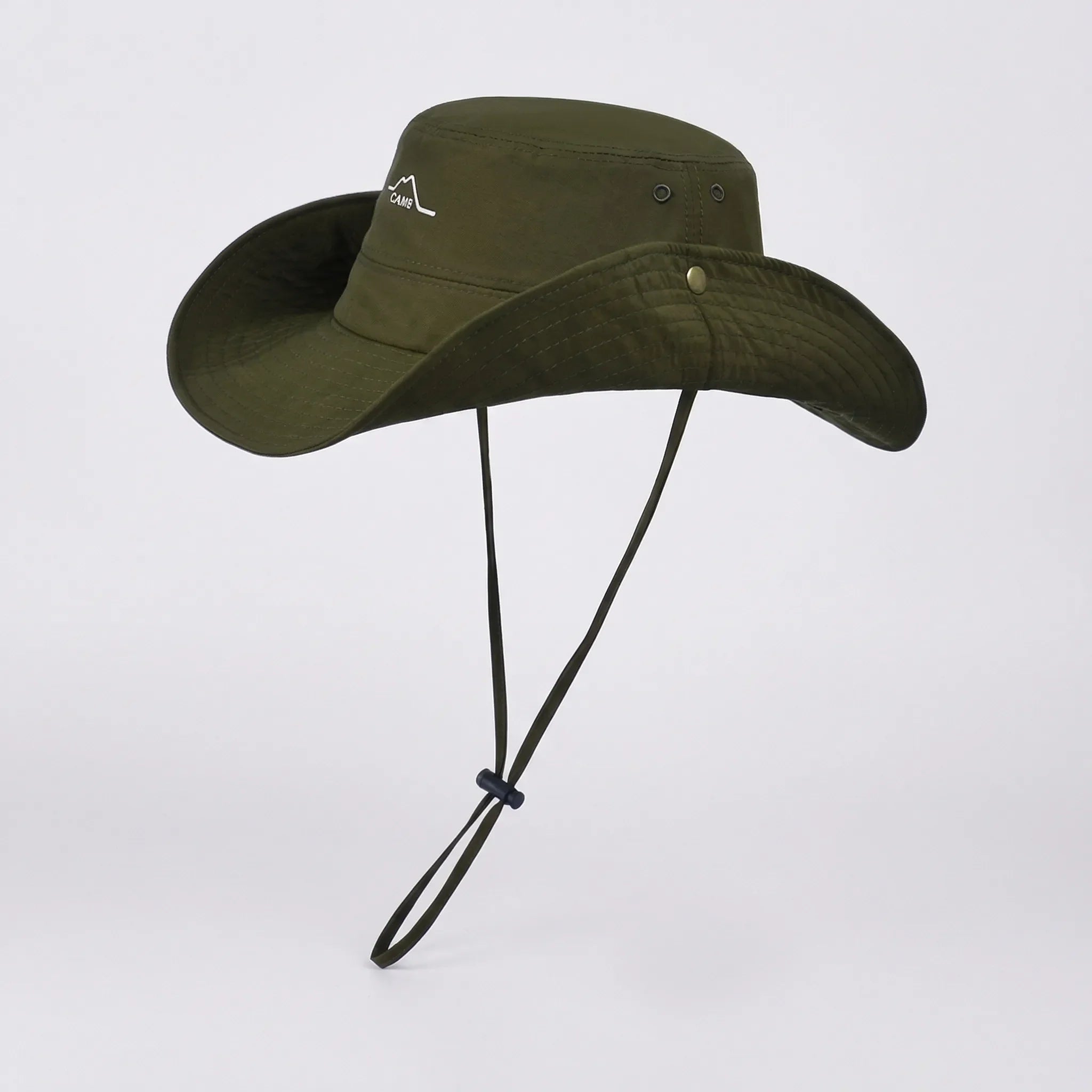 Wide-brim outdoor hat with waterproof quick-drying construction and adjustable chin cord