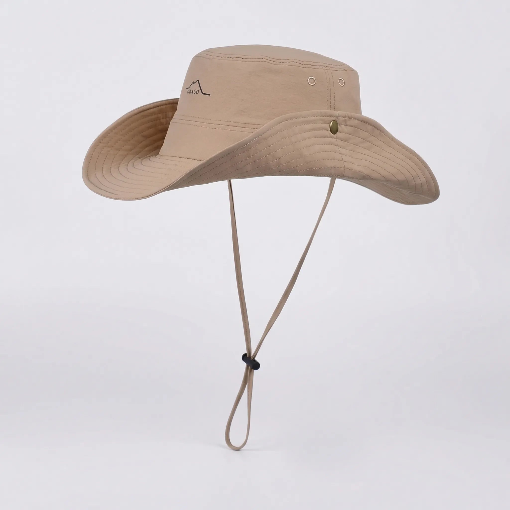 Wide-brim outdoor hat with waterproof quick-drying construction and adjustable chin cord
