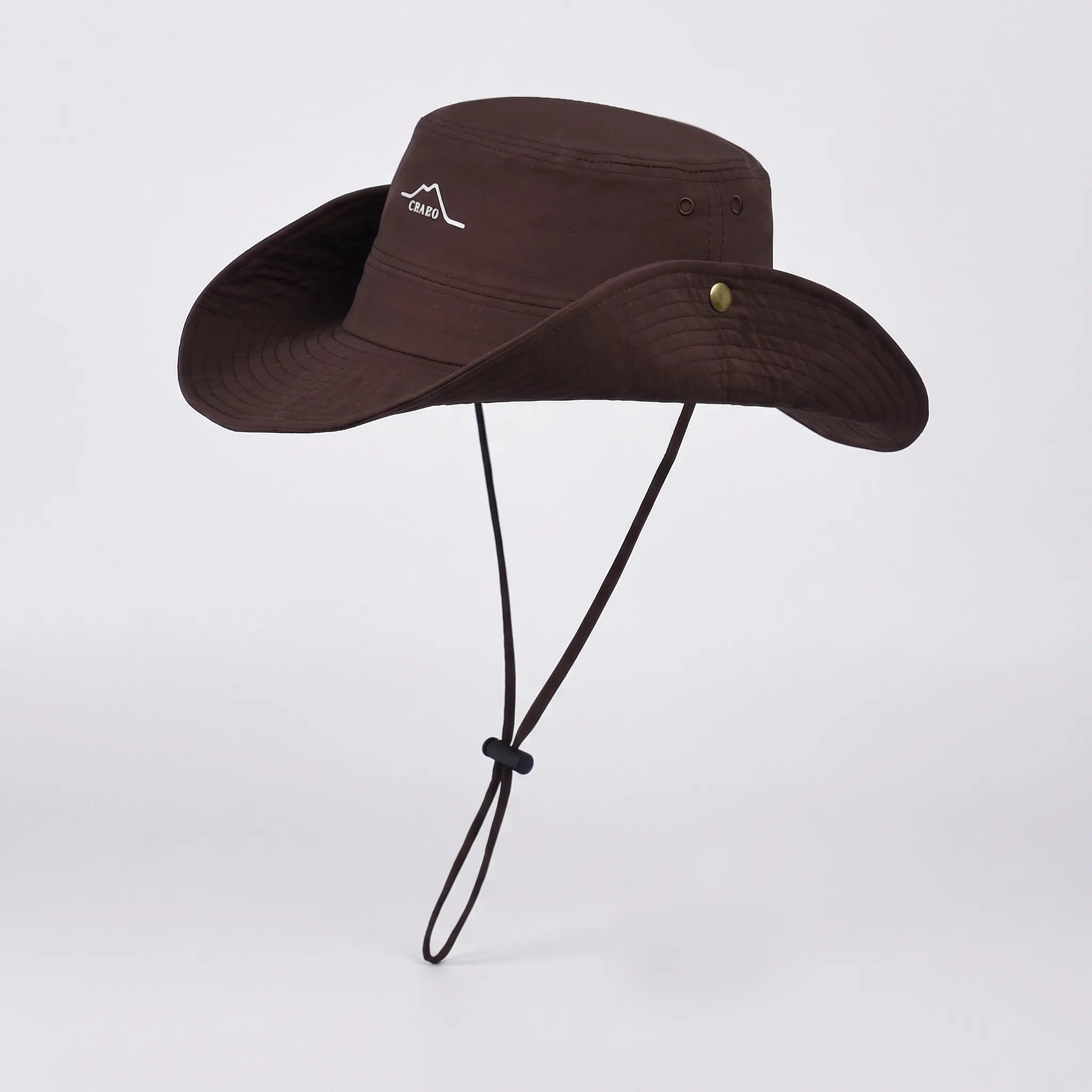 Wide-brim outdoor hat with waterproof quick-drying construction and adjustable chin cord