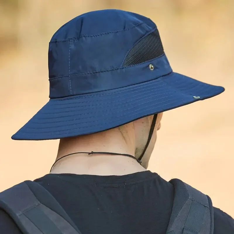 Wide brim outdoor sun hat with UV protection and mesh vents