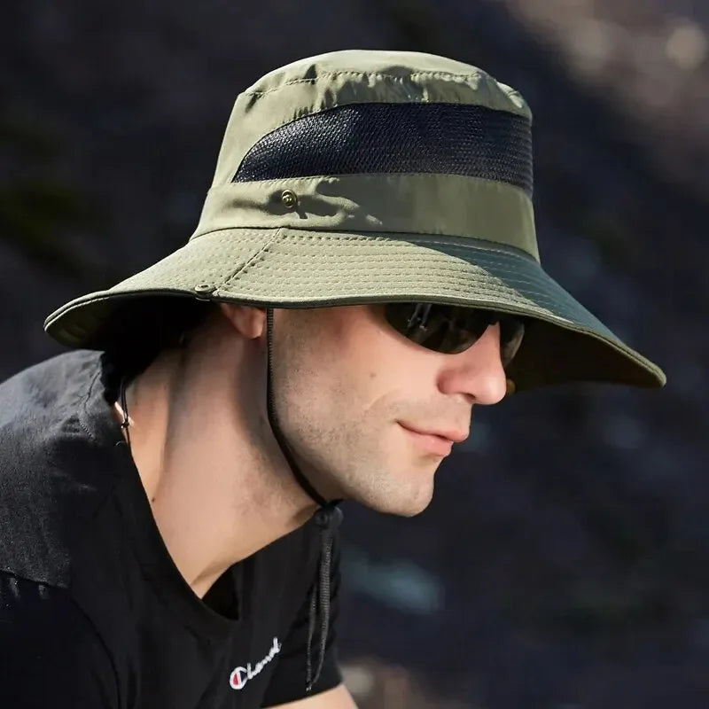 Wide brim outdoor sun hat with UV protection and mesh vents