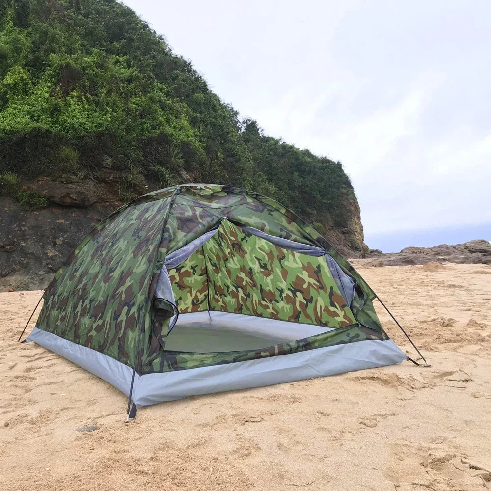 Lightweight two-person dome tent with camouflage pattern for camping