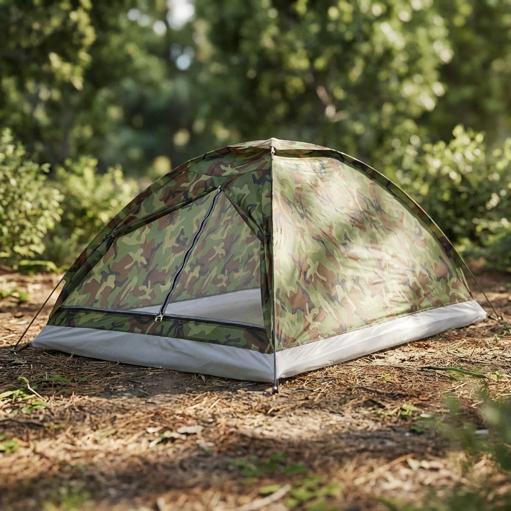 Lightweight two-person dome tent with camouflage pattern for camping