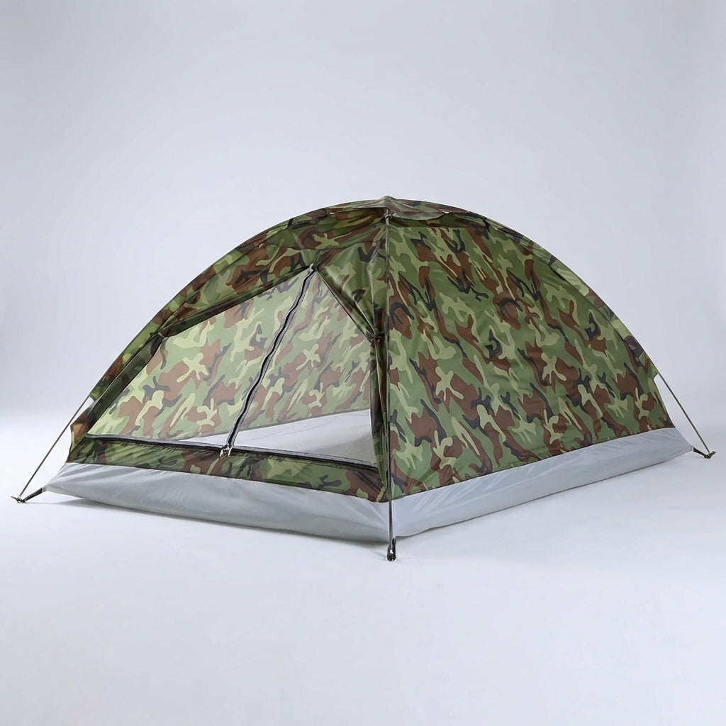 Lightweight two-person dome tent with camouflage pattern for camping
