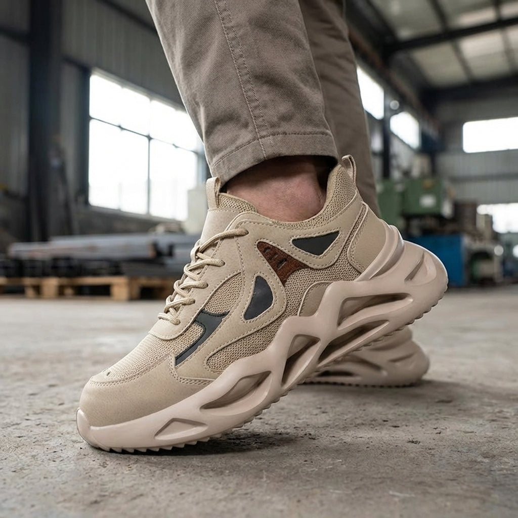 Lightweight protective work shoes with breathable upper and slip-resistant sole