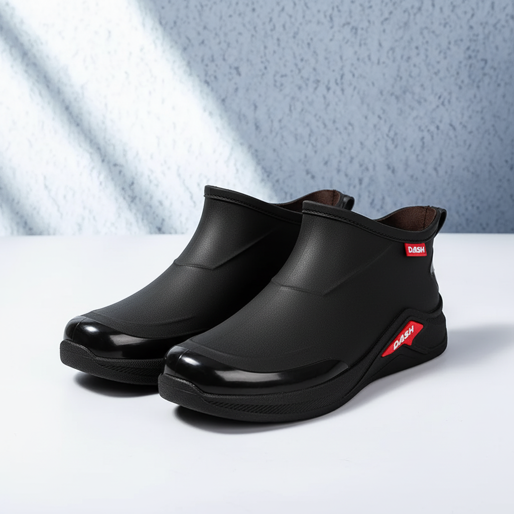 Waterproof rain boots with low ankle profile and slip resistant sole