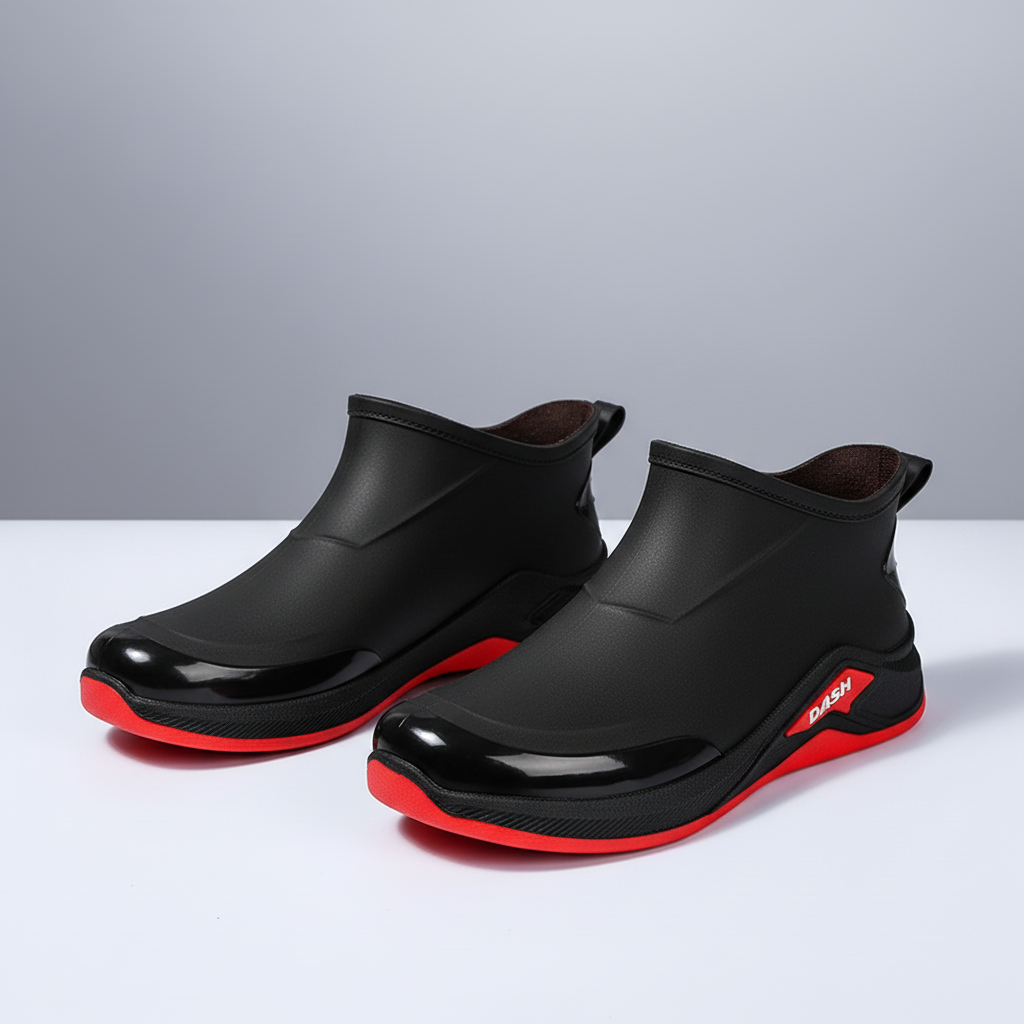 Waterproof rain boots with low ankle profile and slip resistant sole