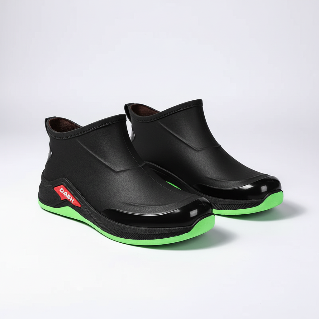 Waterproof rain boots with low ankle profile and slip resistant sole