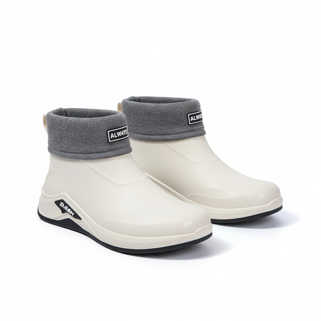 Waterproof rain boots with low ankle profile and slip resistant sole