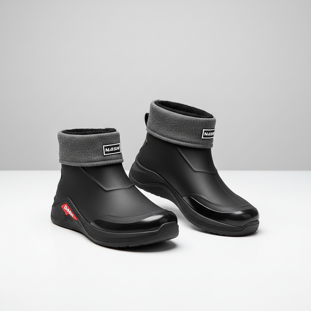 Waterproof rain boots with low ankle profile and slip resistant sole