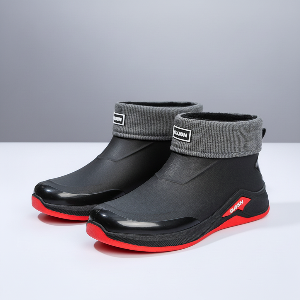 Waterproof rain boots with low ankle profile and slip resistant sole