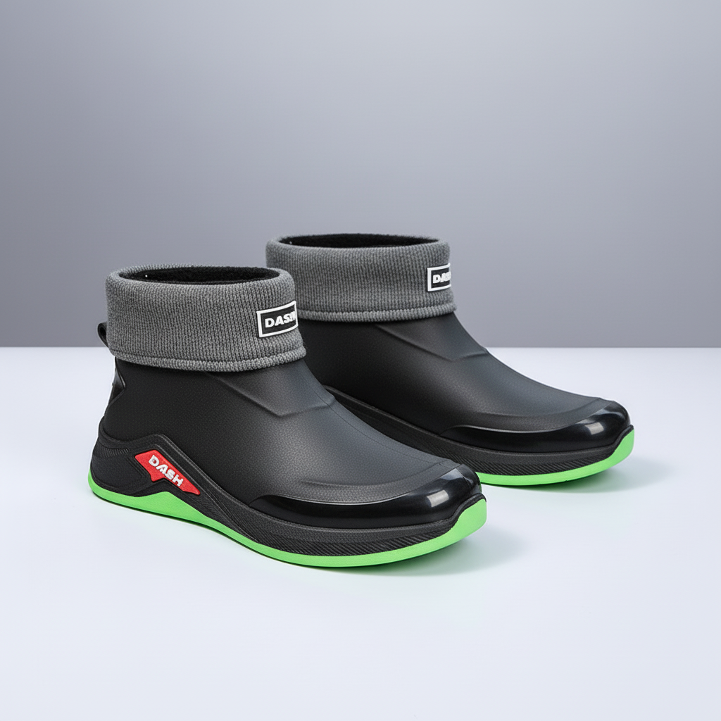 Waterproof rain boots with low ankle profile and slip resistant sole