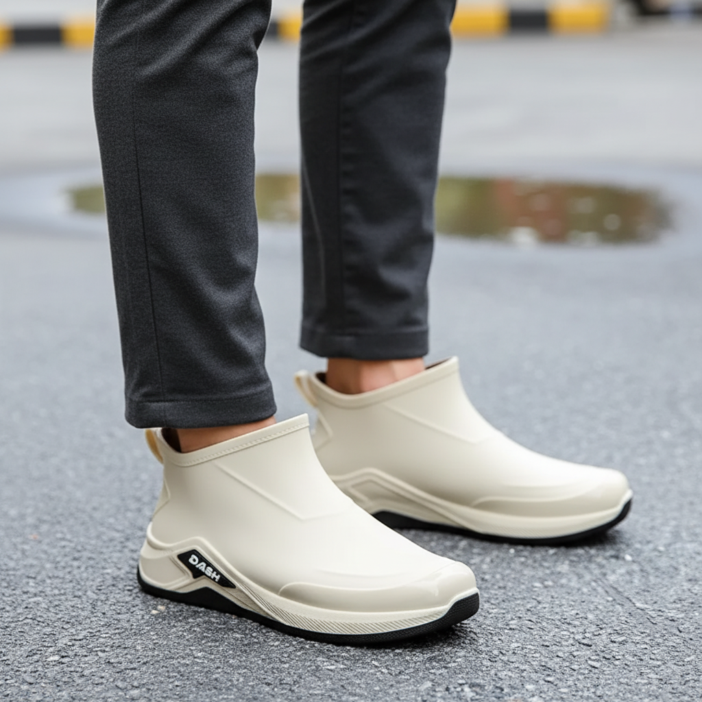 Waterproof rain boots with low ankle profile and slip resistant sole
