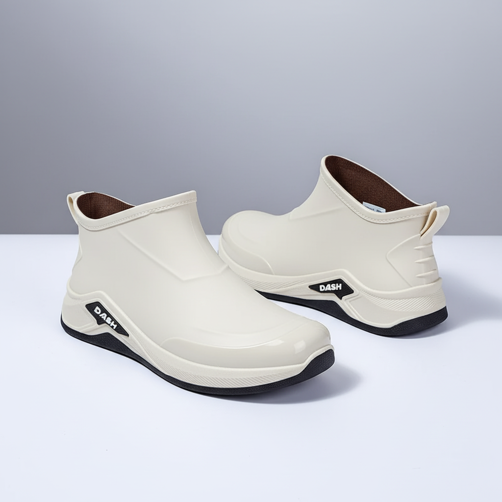 Waterproof rain boots with low ankle profile and slip resistant sole